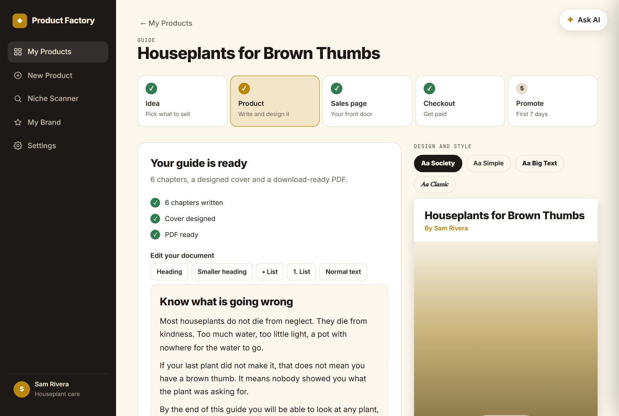 The guide editor with the live page preview