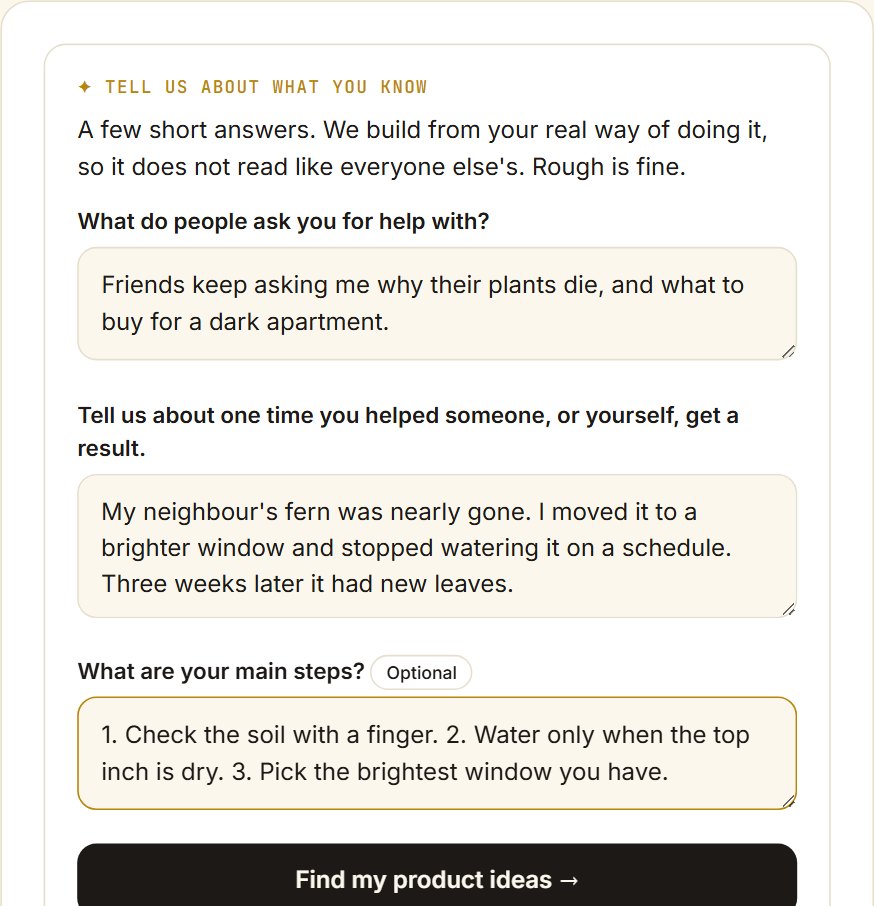 The three questions screen, filled in with a plant care example